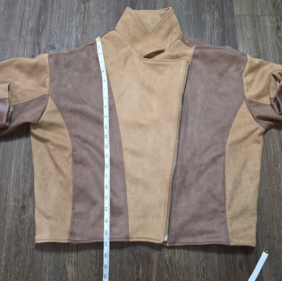 Promesa Faux Suede Colorblock Moto Jacket Women’s Lg Brown Tan Asymmetrical Zip - Picture 12 of 14